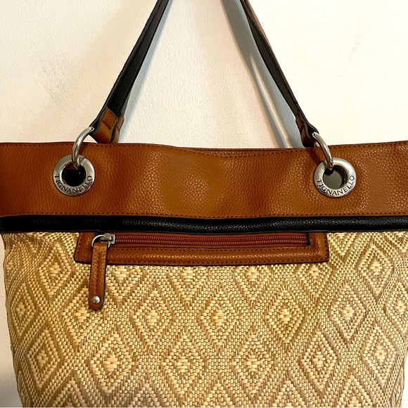 Tignanello Rattan and Faux Leather Diamond Patterned Tote Bag in Beige/Brown - Picture 6 of 9